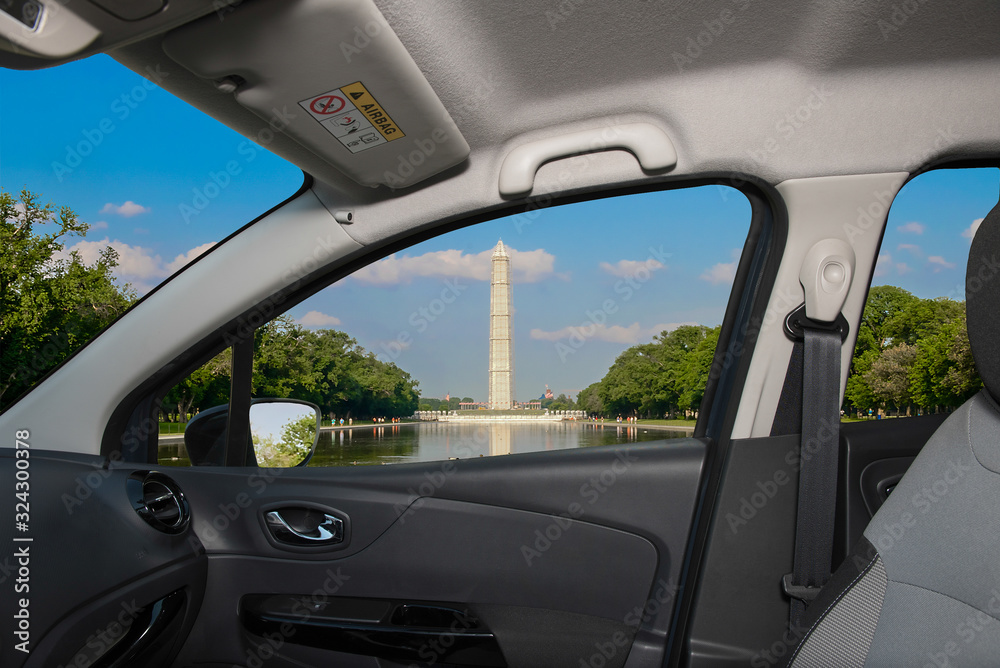 Car window with view of the Washington Monument, Washington DC, USA
