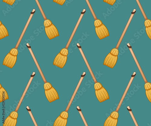 Cartoon style broomsticks for cleaning seamless pattern on turquoise background
