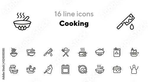 Cooking line icon set. Set of line icons on white background. Kitchenware concept. Knife, frying pan, stewing. Vector illustration can be used for topics like cooking, food, kitchen