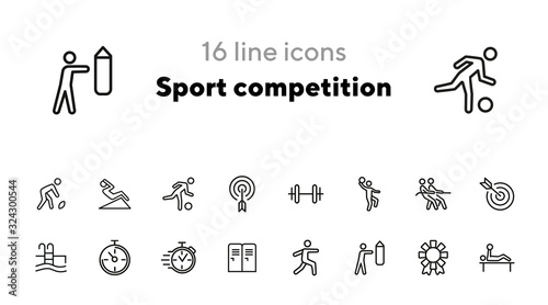 Sport competition icons. Set of line icons. Gym lockers, barbell, swimming pool. Sports activity concept. Vector illustration can be used for topic like professional sport, physical activity, training