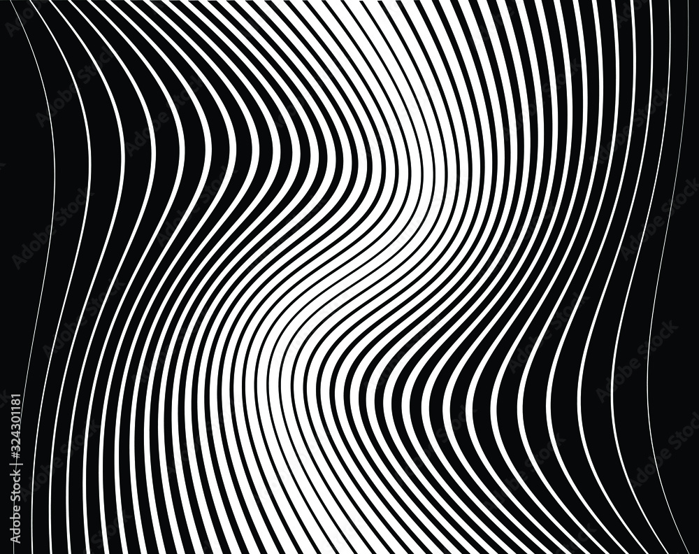 Abstract background with optical illusion wave. Black and white horizontal lines with wavy distortion effect for prints, web pages, template, posters, monochrome backgrounds and pattern Abstract background with optical illusion wave. Black and white horizontal lines with wavy distortion effect for prints, web pages, template, posters, monochrome backgrounds and pattern