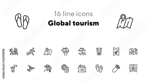 Global tourism icon set. Line icons collection on white background. Ticket, resort, destination. Journey concept. Can be used for topics like airport, rafting, traveling