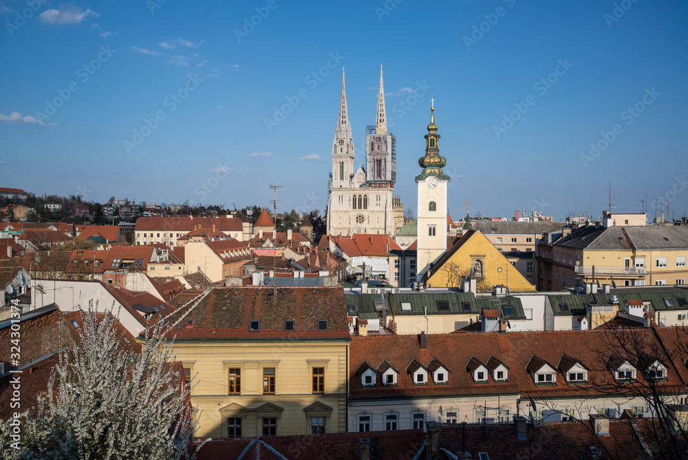 View of Zagreb with Main Cathedral and Baroque church tower, Zagreb, Croatia