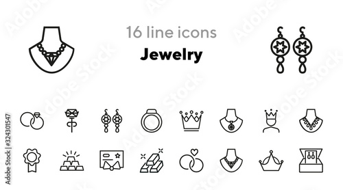 Jewelry line icon set. Necklace, chain, gem, rings, pendant, crown. Jewel concept. Can be used for topics like fashion, accessory, luxury
