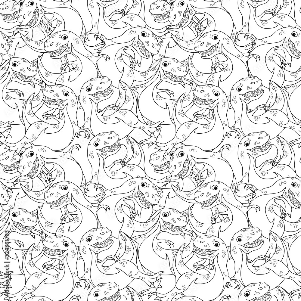Seamless pattern with black contour drawings of dinosaurs on a white background. Seamless pattern with black contour drawings of dinosaurs on a white background.