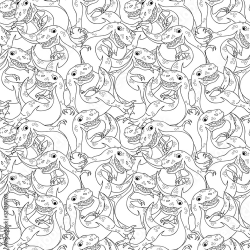 Seamless pattern with black contour drawings of dinosaurs on a white background.