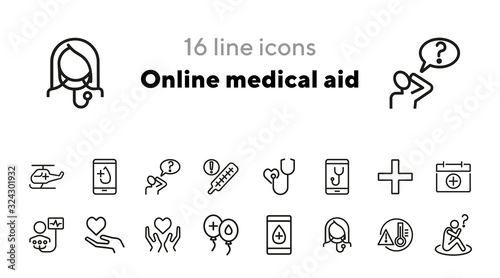 Online medical aid line icon set. Smartphone, call, ambulance helicopter, volunteer. Medicine concept. Can be used for topics like charity, blood donation, examination