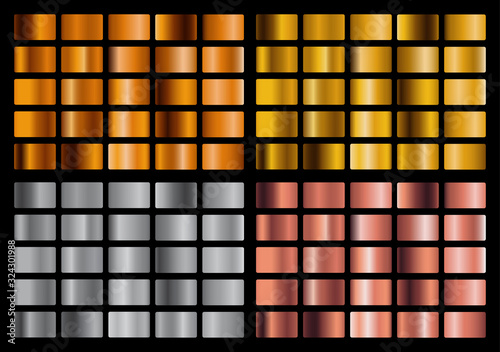 Gold, Silver, pink, orange metal gradient collection and gold foil texture set. Shiny vector sillustration for posters, brochure, invitation, wallpaper, flyers, banners.