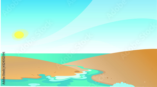 Beautiful beach in cartoon style with sea sun and sand in vector style