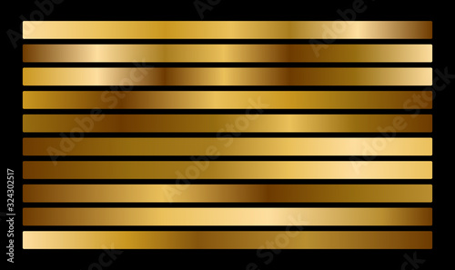 Gold metal gradient collection and gold foil texture set. Shiny vector sillustration for posters, brochure, invitation, wallpaper, flyers, banners.