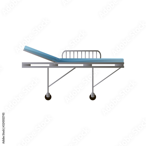 Side of steel hospital bed with wheels and blue mattress