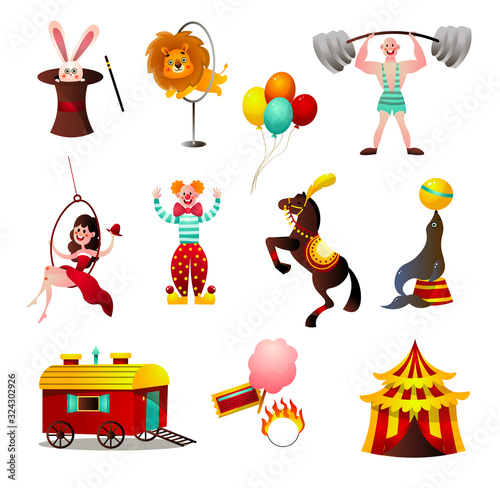 Set of circus colorful animals and person at holiday arena