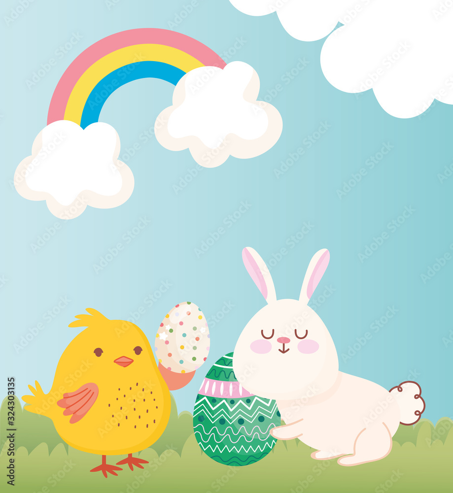 Obraz premium happy easter rabbit and chicken with eggs celebration season