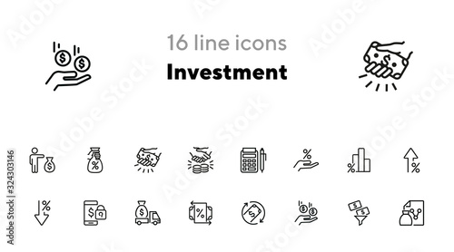 Investment line icon set. Encashment car, income, graph. Money concept. Can be used for topics like finance management, profit, banking