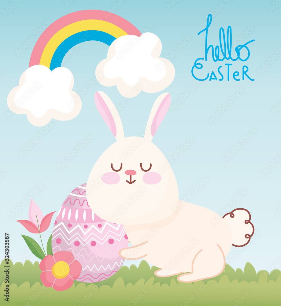 happy easter cute rabbit with flowers and egg decoration happy easter cute rabbit with flowers and egg decoration
