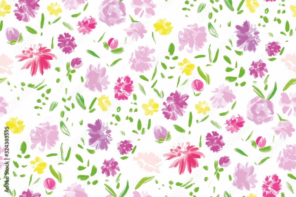 Floral seamless background pattern. Colorful spring flowers hand drawn, vector. Spring summer. Fabric swatch, textile design,wrapping, paper