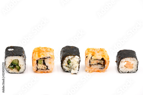 Close Up Of Various Types Of Japanese Fresh Prepared Sushi on white isolated background .