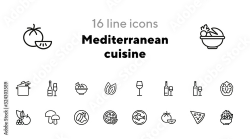 Mediterranean cuisine line icon set. Salad, pizza, tomato. Food concept. Can be used for topics like restaurant, cooking, menu