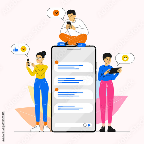 Social media concept. Young people are standing near by a huge smartphone and using own smartphones and tablet. Friends are chatting and texting. Modern vector character illustrations
