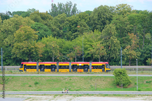 tram going on street of Lodz. Modern passenger transportation