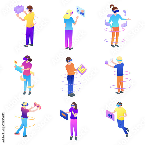 Set of modern young people, wearing virtual reality headset