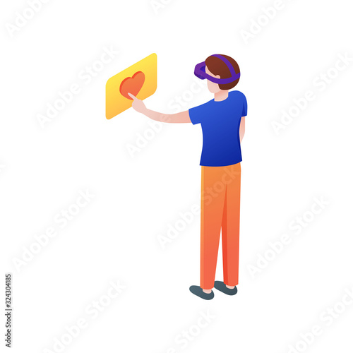 Boy at home touch heart or put like in vr headset