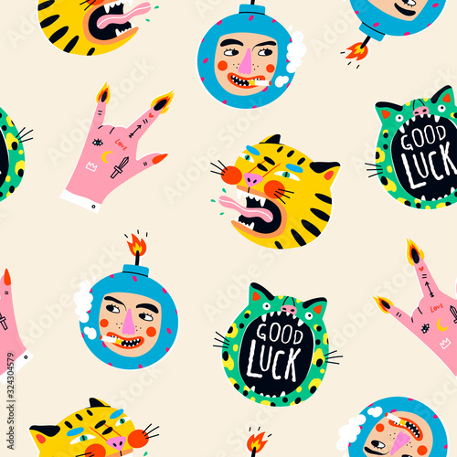 Finger Horns gesture  Bomb with Cigarette  roaring Tiger  Green Leopard. Hand drawn trendy Vector illustrations. Comic  cartoon quirky style. Trendy design. Bright colors. Bizarre seamless pattern