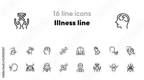 Illness line icons. Set of line icons on white background. Pain, headache, bones. Healthcare concept. Vector illustration can be used for topics like medicine, surgery, healthcare