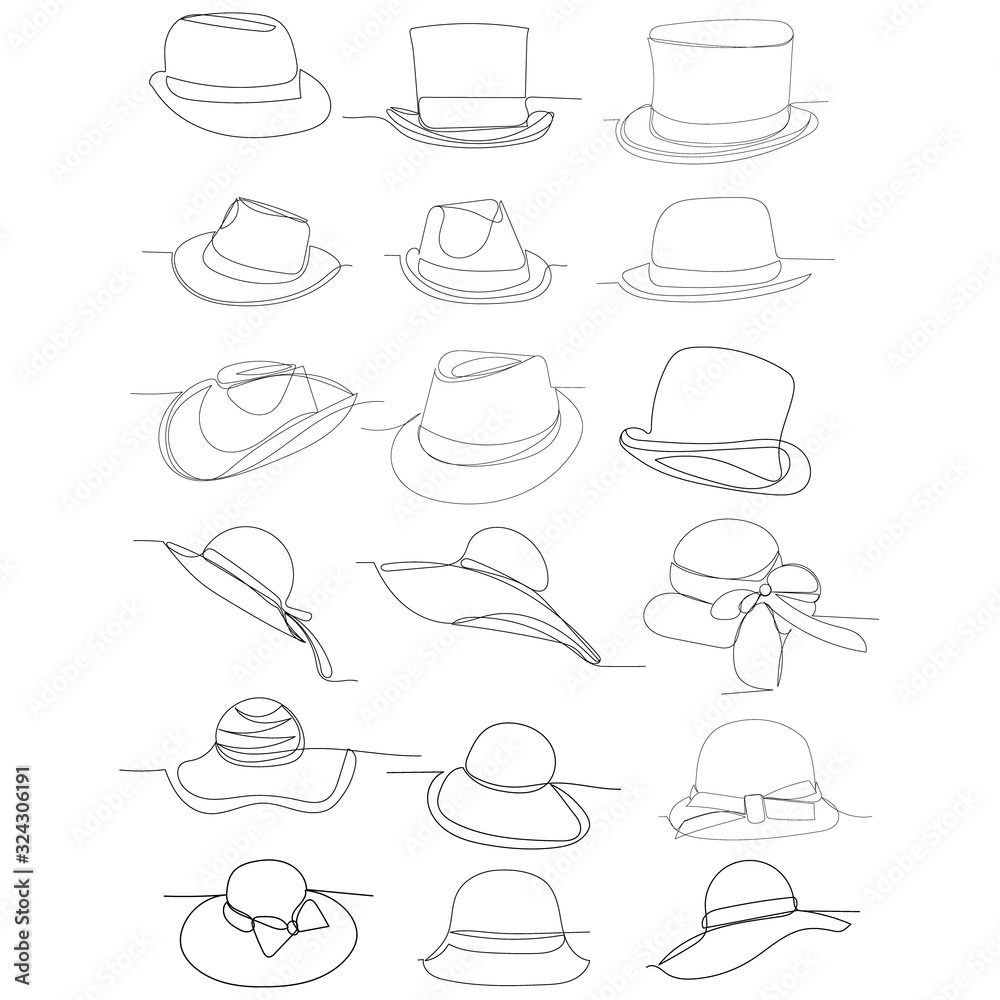 vector, on a white background, continuous line drawing, men's hat, set