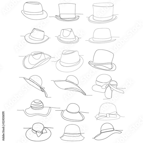 vector, on a white background, continuous line drawing, men's hat, set