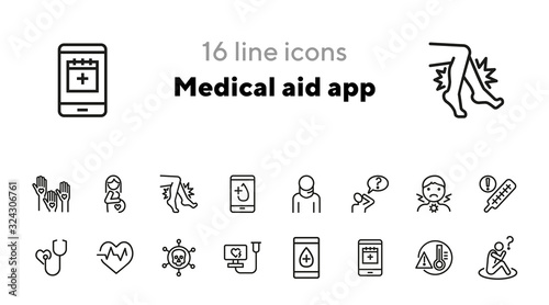 Medical aid app line icon set. Heartbeat, pregnancy, sore throat. Medicine concept. Can be used for topics like urgent help, emergency, disease