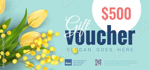 Bright Colorful Gift Voucher Template with Yellow Tulips and Mimosa Flower. Spring backgrounds. Vector illustration