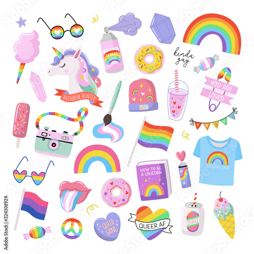 Colorful LGBTQ pride print with equality symbols. Hand drawn vector illustrations. Pride Month design elements.