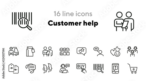 Customer help line icon set. Delivery, call center, operator. Service concept. Can be used for topics like survey, review, feedback