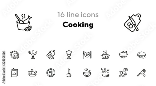 Cooking line icon set. Set of line icons on white background. Food concept. Plate, knife, chicken. Vector illustration can be used for topics like kitchen, food, cooking