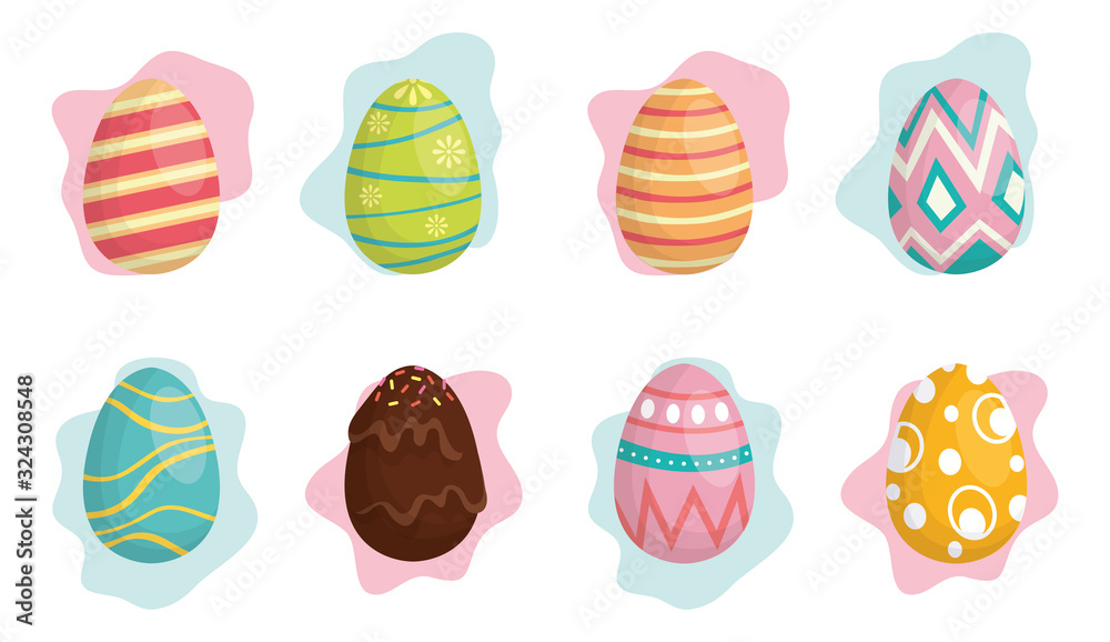 happy easter celebration card with set eggs painted