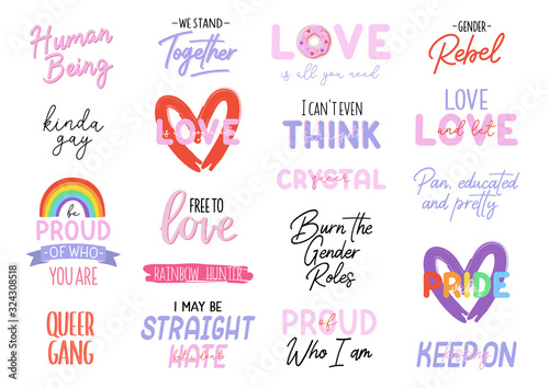 LGBTQ pride print with equality symbols and lovely typography. Vector hand drawn illustrations and lettering.