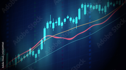 Abstract financial graph with up trend line candlestick chyart in stock market on blue color background