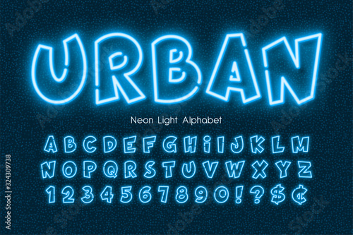 Neon light 3d alphabet, extra glowing comic style type.