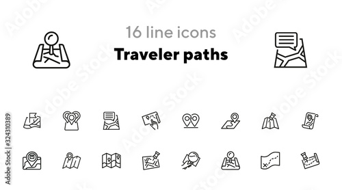 Traveler paths line icon set. Map, route, itinerary. Travel concept. Can be used for topics like navigation, location, guide