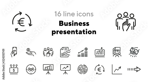Business presentation icons. Agile results, funding platform, automatic income. Business concept. Vector illustration can be used for topics like business process, finance, communication