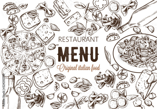 Line art food composition with delicious pizza, pasta with tomatoes, cheese and red wine. Sketch style. Italian restaurant menu template. Vector
