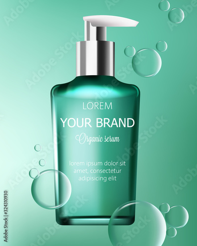 Organic green serum bottle with place for brand. Soap bubbles on background. Product placement. Label design package. Vector