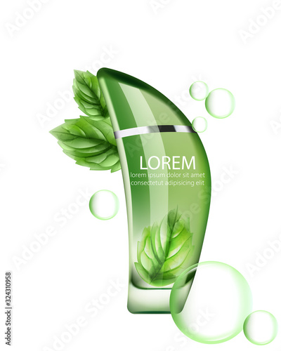 Organic green mint shower gel bottle with soap bubbles. Product placement. Label design package. Vector