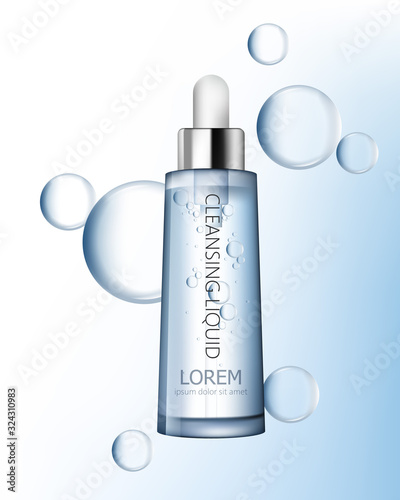 Transparent cleansing liquid bottle with place for brand or text. Soap bubble...