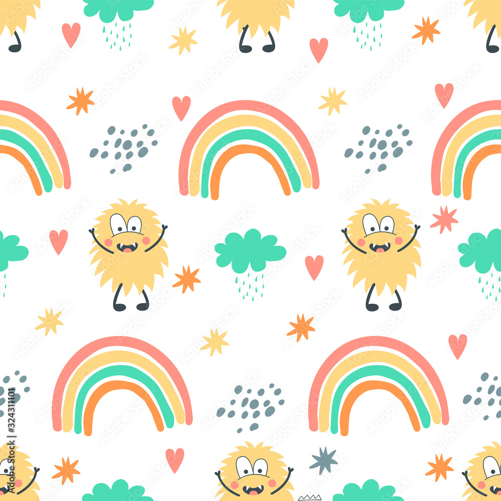 Seamless pattern with monster and rainbow