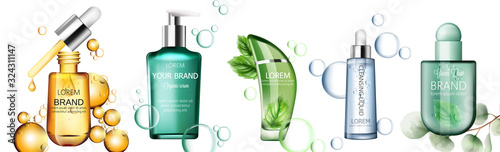 Set of organic products in transparent bottles. Serum, green tea, shower gel, cleansing liquid. Product placement. Label design package. Vector