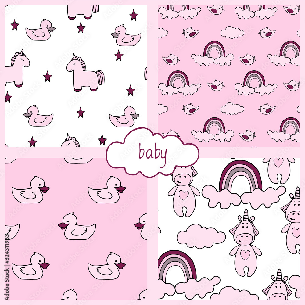 Vector illustration. Set of children's seamless patterns. With simple silhouettes of toys, clouds, stars in pink and white colors.  In the style of Doodle, childish, cute. For children's textiles 