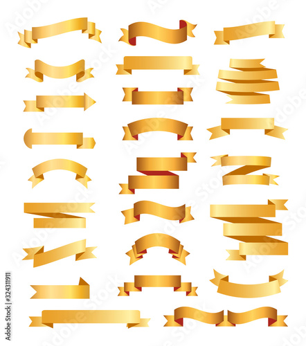 Golden ribbons set vector. Colorful labels, price tags, banners for bookmark, vintage ribbon, retro strap, band isolated set of vector