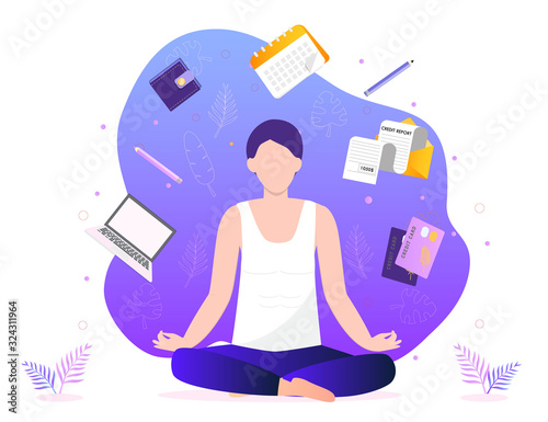 Business yoga concept vector. Office meditation, self-improvement, controlling mind and emotions, zen relax concentration yoga practice. Man is sitting in a lotus